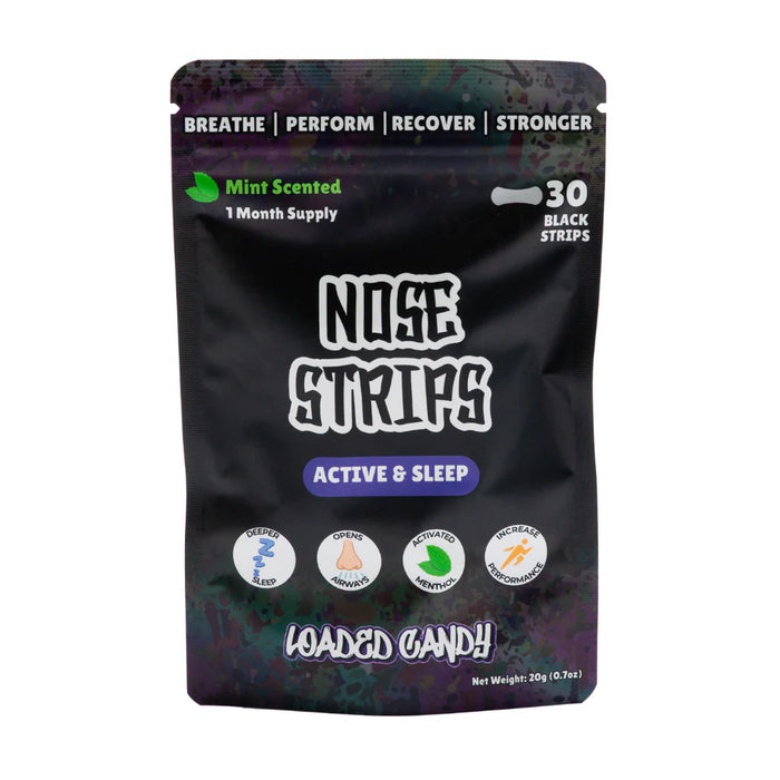 Package of Nose Strips with text and icons on a black background