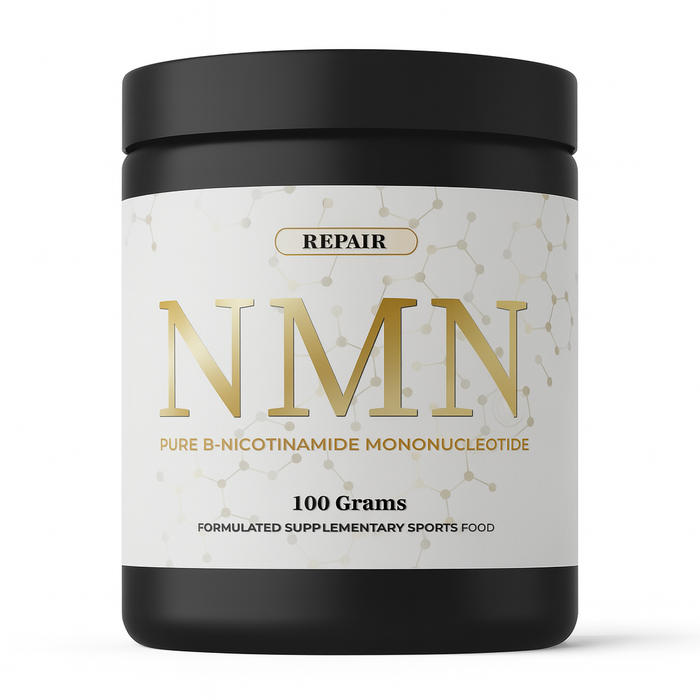 Supplement container labeled 'NMN' with black lid and white label on a white background