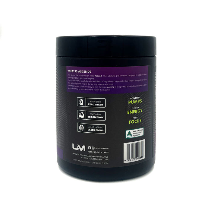 Pre-workout supplement container labeled 'Ascend' with branding on a white background by UM, previously UM Sports and Urban Muscle