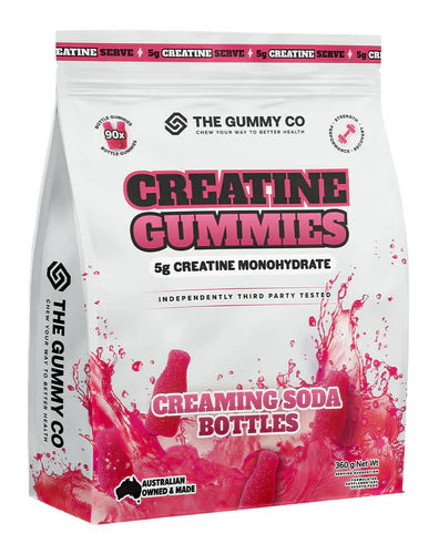 Package of Creatine Gummies from The Gummy Co with pink and white design.