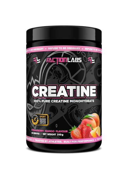 Creatine supplement container with Faction Labs branding on a white background