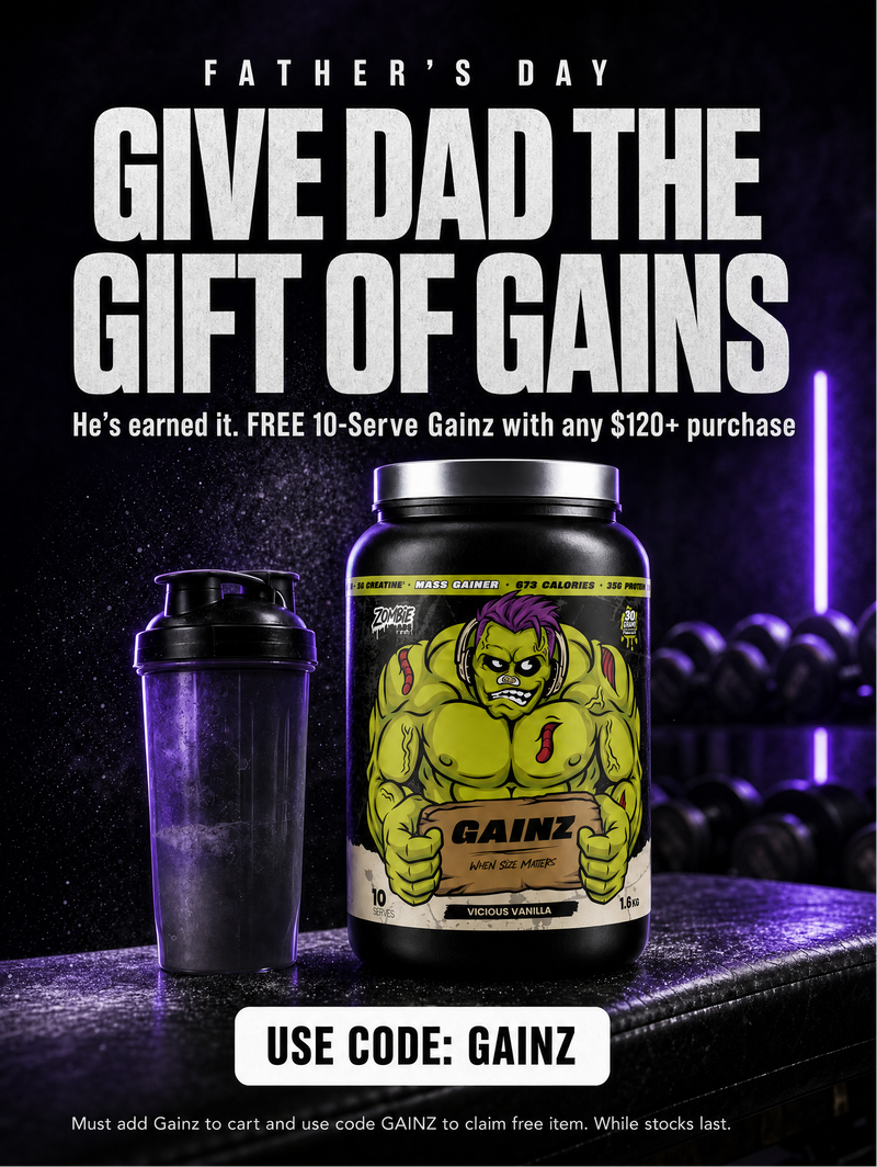 Promotional Father's Day ad featuring a large tub of GAINZ protein powder and a shaker bottle on a dark gym counter, with bold text reading 'GIVE DAD THE GIFT OF GAINS' and a use code banner.