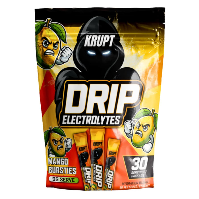 Krupt Drip Electrolytes packaging with mango bursties flavor on a white background