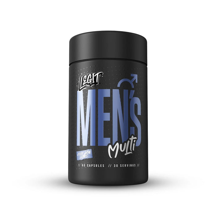 Black supplement container labeled 'Men's Multi' on a white background by Legit