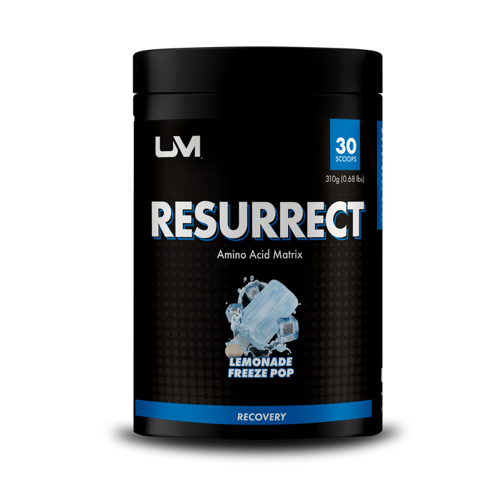 Black container of Resurrect Amino Acid Matrix with lemonade freeze pop flavor on a white background