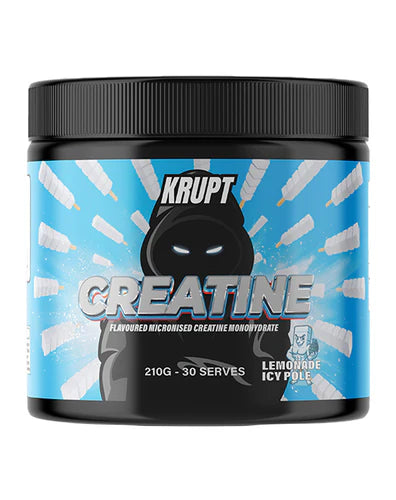 Krupt Creatine supplement container with blue and black design on a white background