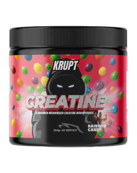 Krupt Creatine supplement container with colorful design on a white background
