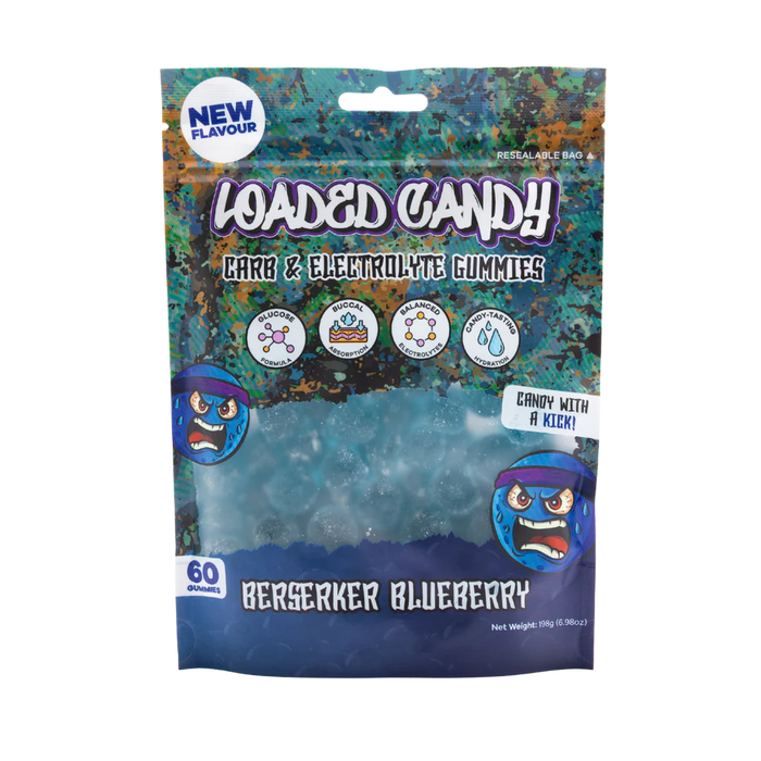 Loaded Candy gummy bears packaging with blueberry flavor on a white background