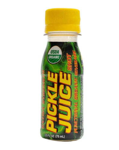 Bottle of Pickle Juice shot on a white background for Electrolyte and Recovery Supplement